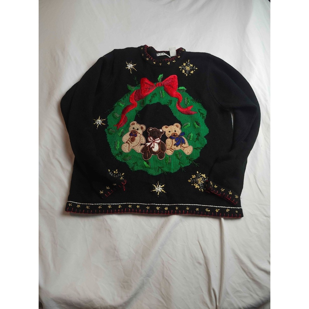 Vtg 90s BP Design Bears Wreath Sweater Womens M Black Festive Grandmacore Kitsch